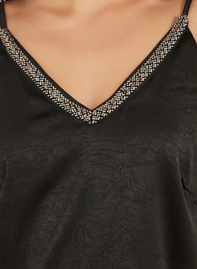 Styli Textured Embellished V Neck Cami Top