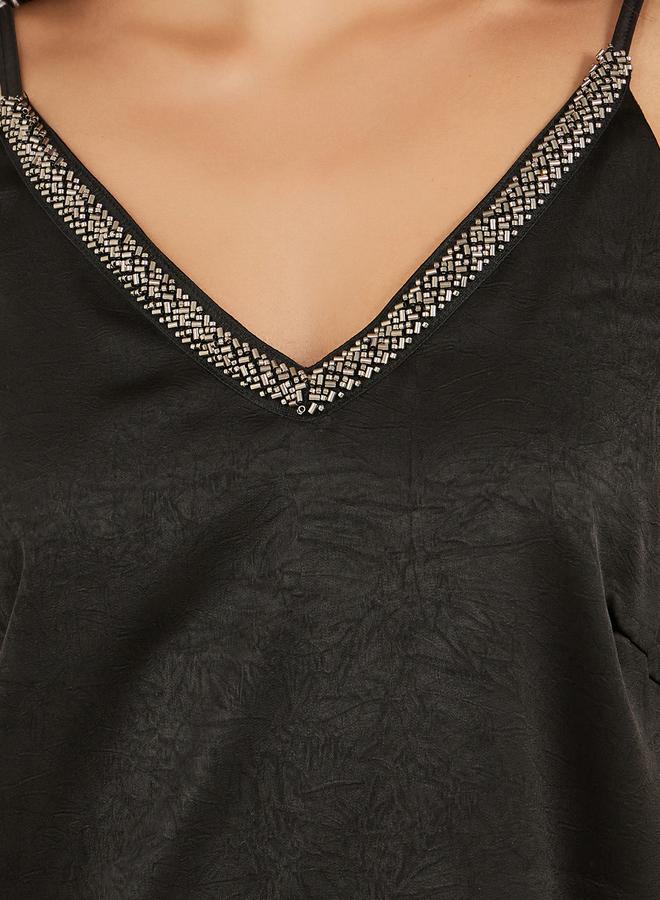 Styli Textured Embellished V Neck Cami Top  - Image 4
