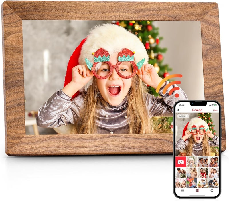 بيجاسو إطار الصور الرقمي Frameo بحجم 10.1 بوصة مع ذاكرة 32 جيجابايت وواي فاي، إطار صور إلكتروني خشبي، شاشة لمس IPS بدقة 1280 × 800، دوران تلقائي لعرض الش��ائح، قابل للتثبيت على الحائط، مشاركة الصور/الفيديو عن بُعد من أي مكان - Image 1