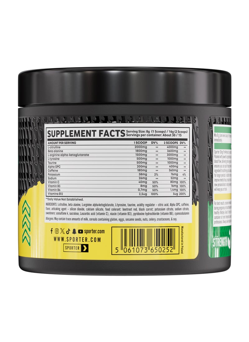 SPORTER Sporter Sting Pre-Workout – Watermelon | 30 Servings | Energy, Strength & Focus Booster | 180mg Caffeine | L-Citrulline, Beta-Alanine & B-Vitamins | Sugar-Free | Dietary Supplement – 240g  - Image 2