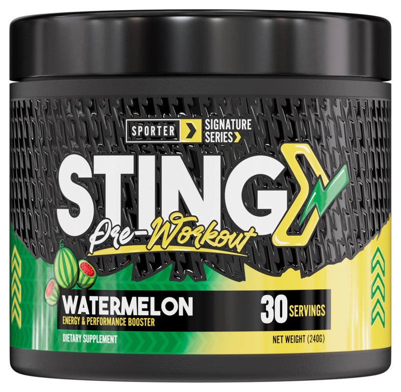 Sporter Sting Pre-Workout – Watermelon | 30 Servings | Energy, Strength & Focus Booster | 180mg Caffeine | L-Citrulline, Beta-Alanine & B-Vitamins | Sugar-Free | Dietary Supplement – 240g - Image 1