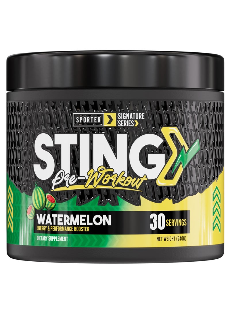 Sporter Sting Pre-Workout – Watermelon | 30 Servings | Energy, Strength & Focus Booster | 180mg Caffeine | L-Citrulline, Beta-Alanine & B-Vitamins | Sugar-Free | Dietary Supplement – 240g - Image 1