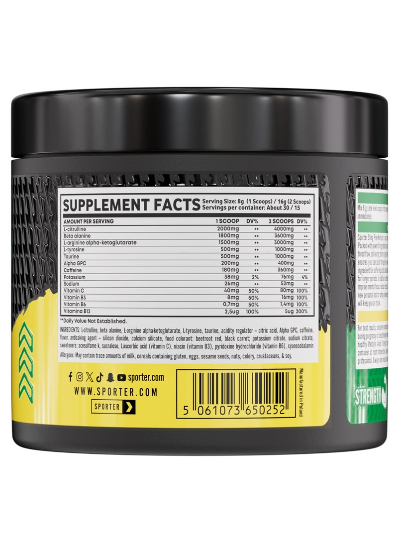 Sporter Sting Pre-Workout – Watermelon | 30 Servings | Energy, Strength & Focus Booster | 180mg Caffeine | L-Citrulline, Beta-Alanine & B-Vitamins | Sugar-Free | Dietary Supplement – 240g - Image 2