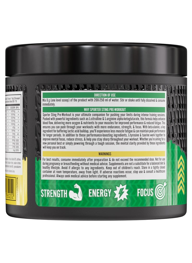 Sporter Sting Pre-Workout – Watermelon | 30 Servings | Energy, Strength & Focus Booster | 180mg Caffeine | L-Citrulline, Beta-Alanine & B-Vitamins | Sugar-Free | Dietary Supplement – 240g - Image 3