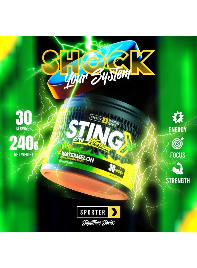 Sporter Sting Pre-Workout – Watermelon | 30 Servings | Energy, Strength & Focus Booster | 180mg Caffeine | L-Citrulline, Beta-Alanine & B-Vitamins | Sugar-Free | Dietary Supplement – 240g - Image 4