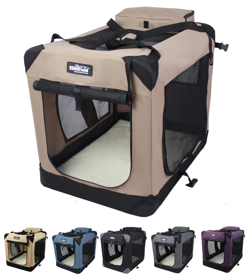 EliteField 3Door Folding Soft Dog Crate with Carrying Bag and Fleece Bed 2 Year Warranty Indoor Outdoor Pet Home 30 L x 21 W x 24 H Khaki
