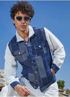 Campus Sutra Men's Navy Blue & Chalk White Fleece Block Denim Jacket  - Image 1