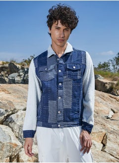 Campus Sutra Men's Navy Blue & Chalk White Fleece Block Denim Jacket  - Image 2