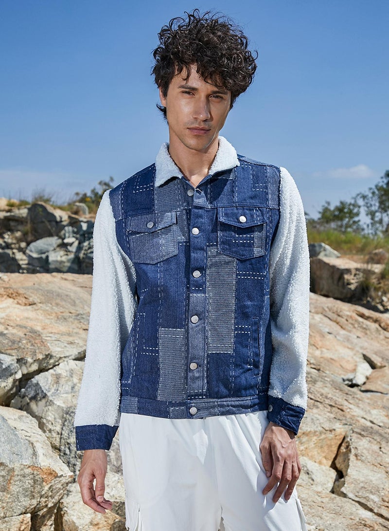 كامبوس سوترا Men's Navy Blue & Chalk White Fleece Block Denim Jacket  - Image 2