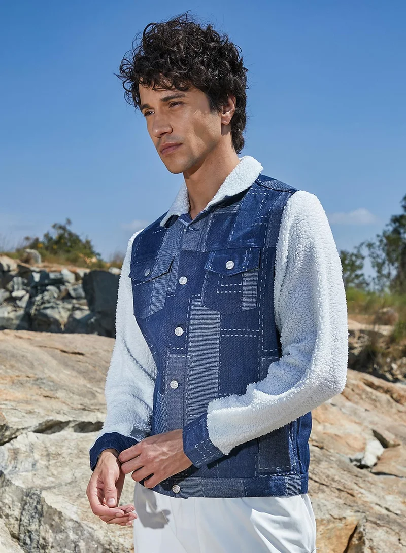 كامبوس سوترا Men's Navy Blue & Chalk White Fleece Block Denim Jacket