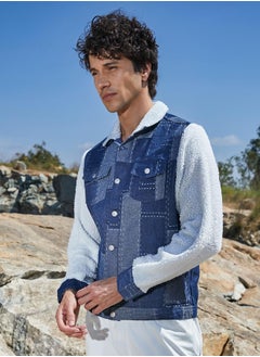 Campus Sutra Men's Navy Blue & Chalk White Fleece Block Denim Jacket  - Image 3