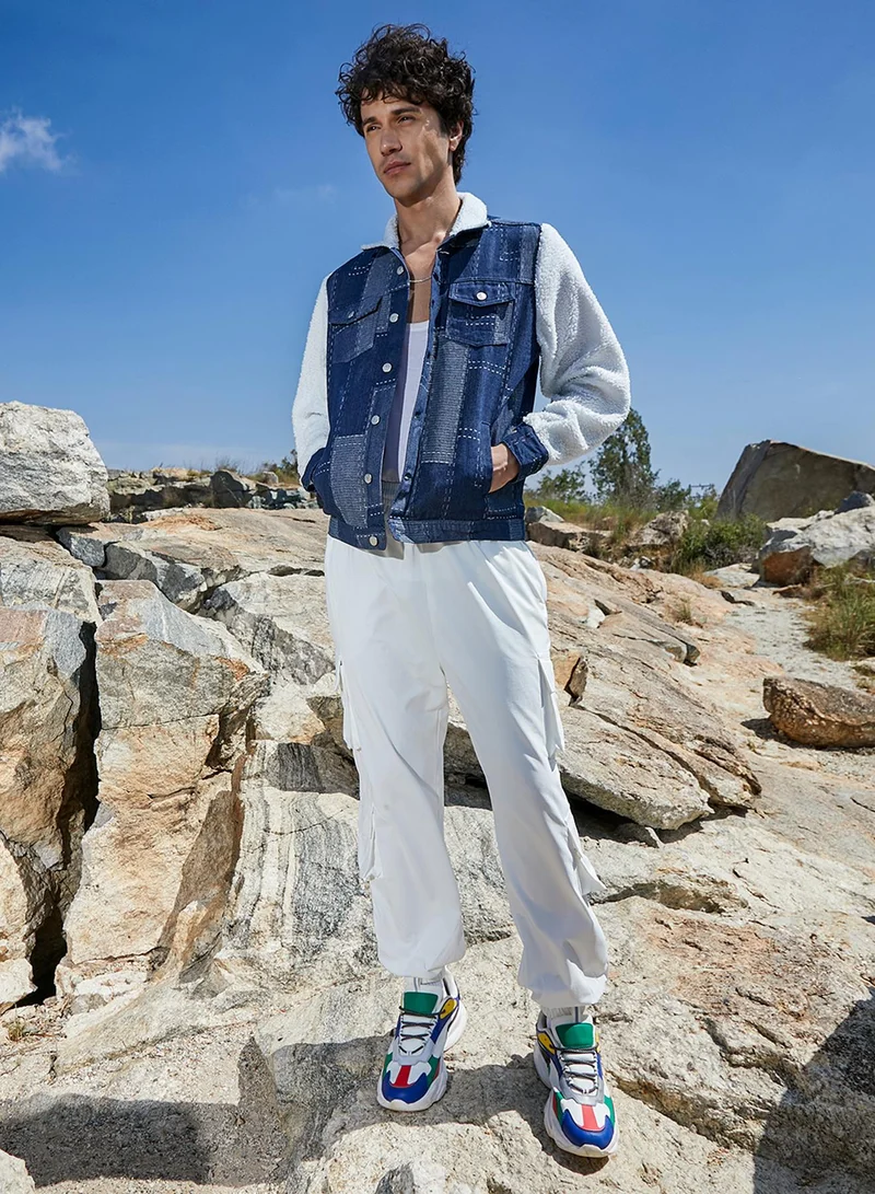 كامبوس سوترا Men's Navy Blue & Chalk White Fleece Block Denim Jacket