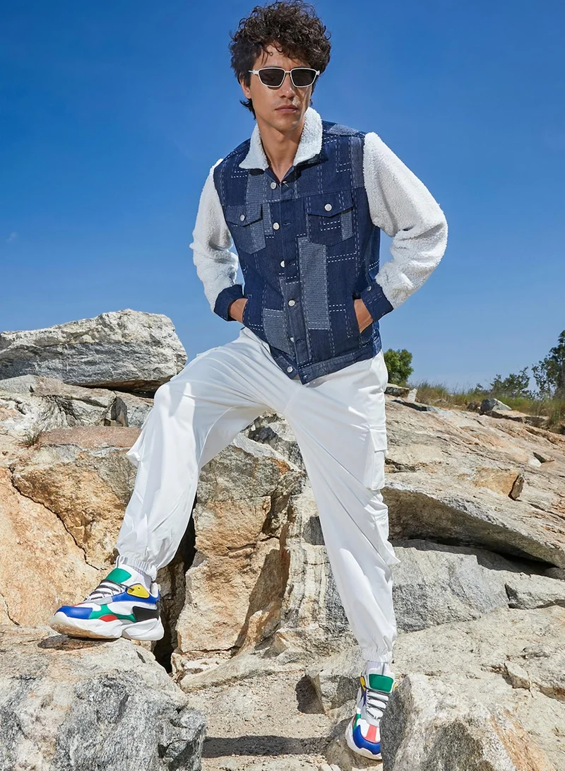 كامبوس سوترا Men's Navy Blue & Chalk White Fleece Block Denim Jacket