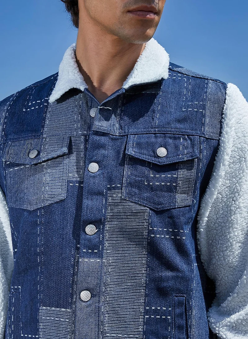كامبوس سوترا Men's Navy Blue & Chalk White Fleece Block Denim Jacket