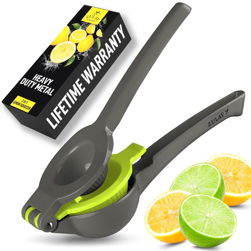 Zulay Kitchen Metal 2-in-1 Lemon Squeezer - Sturdy Max Extraction Hand Juicer Lemon Squeezer Gets Every Last Drop - Easy to Clean Manual Citrus Juicer - Easy-Use Lemon Juicer Squeezer - Gray/Lime - Image 1