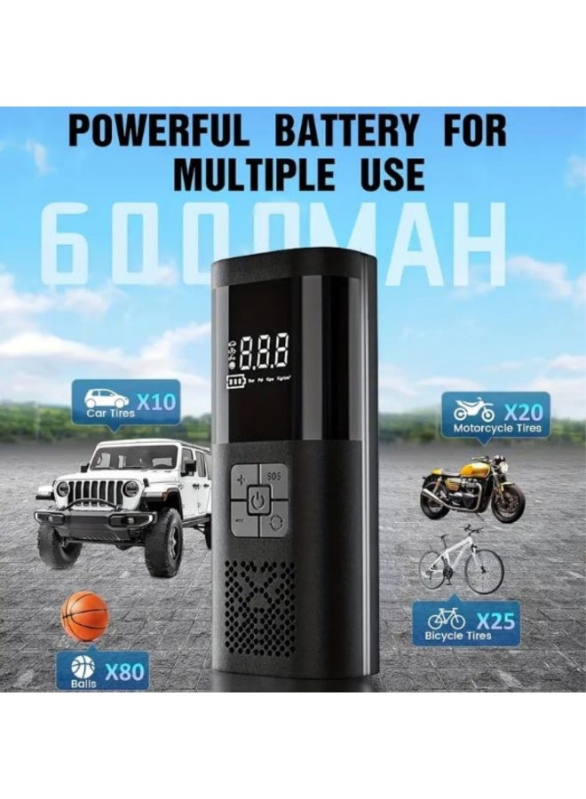 منفاخ إطارات - ضاغط هواء محمول ١٥٠ رطل لكل بوصة مربعة، مضخة هواء كهربائية ٦٠٠٠ مللي أمبير/ساعة مع منفذ USB-C، شاشة رقمية، معزز بطارية السيارة ومضخة هواء سريعة للسيارات والدراجات النارية والدراجات الهوائية والكرات - VC-027ضخة هواء كهربائية 150 رطل/بوصة مربعة، مع شاشة رقمية، وضوء LED وSOS - للسيارة، وسيارات الدفع الرباعي، والدراجات النارية، والدراجات الهوائية، والكرات - Image 2