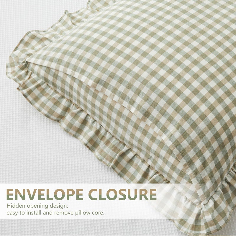 KKJIAF Ruffle Gingham Pillow Covers 20 x 20 Inches, Cotton Gingham Pillow Cases Set of 2, Linen Feel Ruffled Plaid Pillow Shams with Envelope Closure for Sofa Bed (Sage Green Plaid) - Image 5