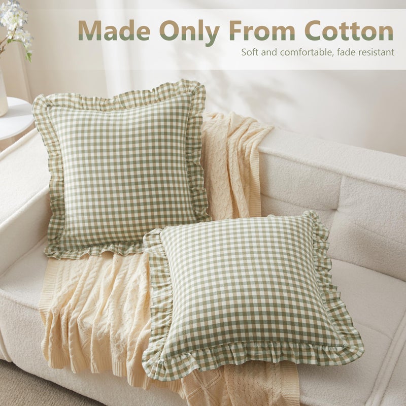 KKJIAF Ruffle Gingham Pillow Covers 20 x 20 Inches, Cotton Gingham Pillow Cases Set of 2, Linen Feel Ruffled Plaid Pillow Shams with Envelope Closure for Sofa Bed (Sage Green Plaid) - Image 3