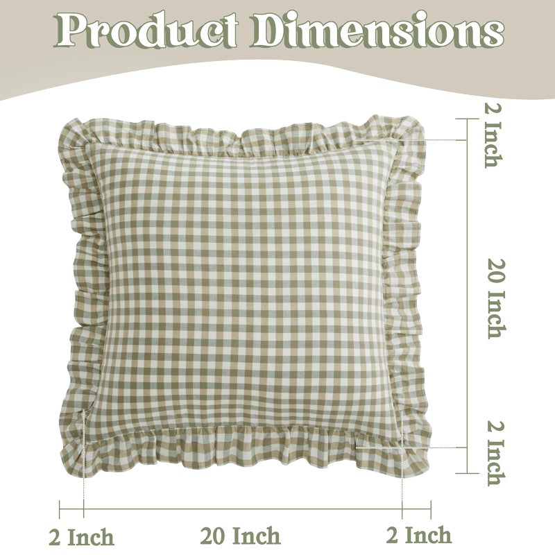 KKJIAF Ruffle Gingham Pillow Covers 20 x 20 Inches, Cotton Gingham Pillow Cases Set of 2, Linen Feel Ruffled Plaid Pillow Shams with Envelope Closure for Sofa Bed (Sage Green Plaid) - Image 2