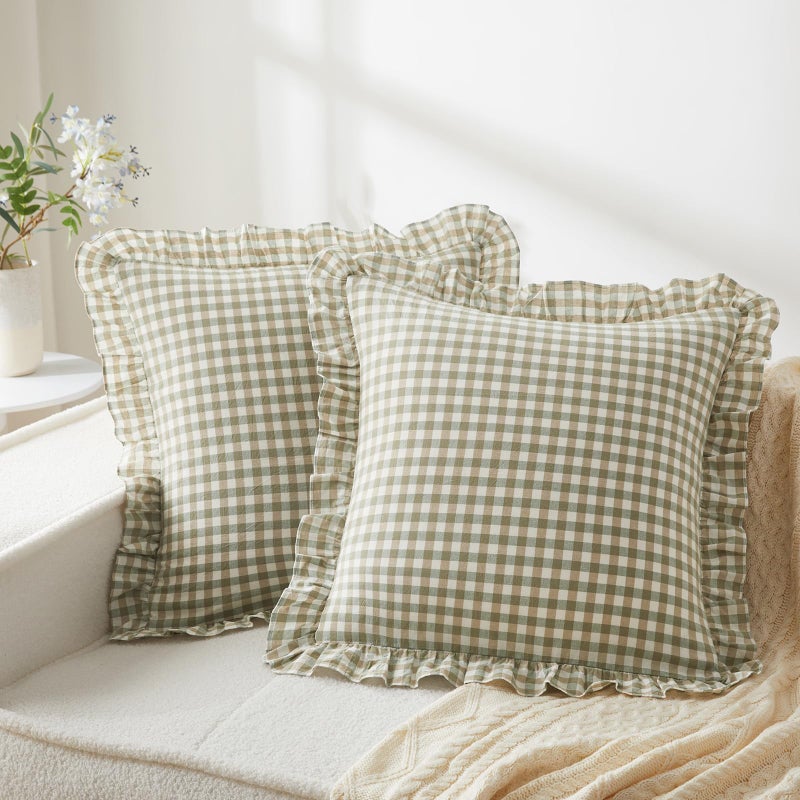 KKJIAF Ruffle Gingham Pillow Covers 20 x 20 Inches, Cotton Gingham Pillow Cases Set of 2, Linen Feel Ruffled Plaid Pillow Shams with Envelope Closure for Sofa Bed (Sage Green Plaid) - Image 1