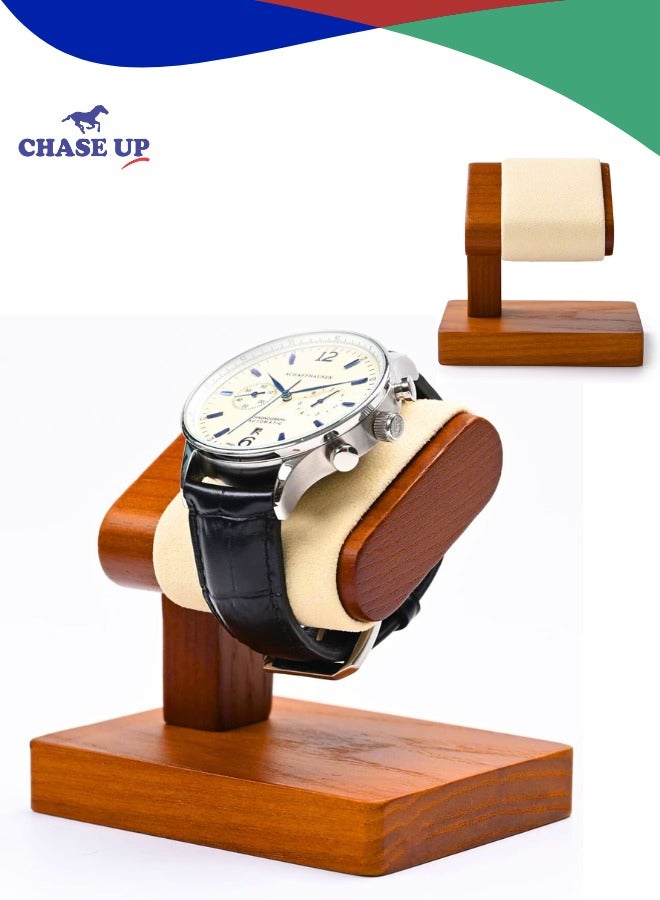 Chase Up Single Watch Stand - Wooden & Microfiber Watch Holder (9.2cm Height) for Luxury Watches - Beige (9x7cm Base) - Image 1