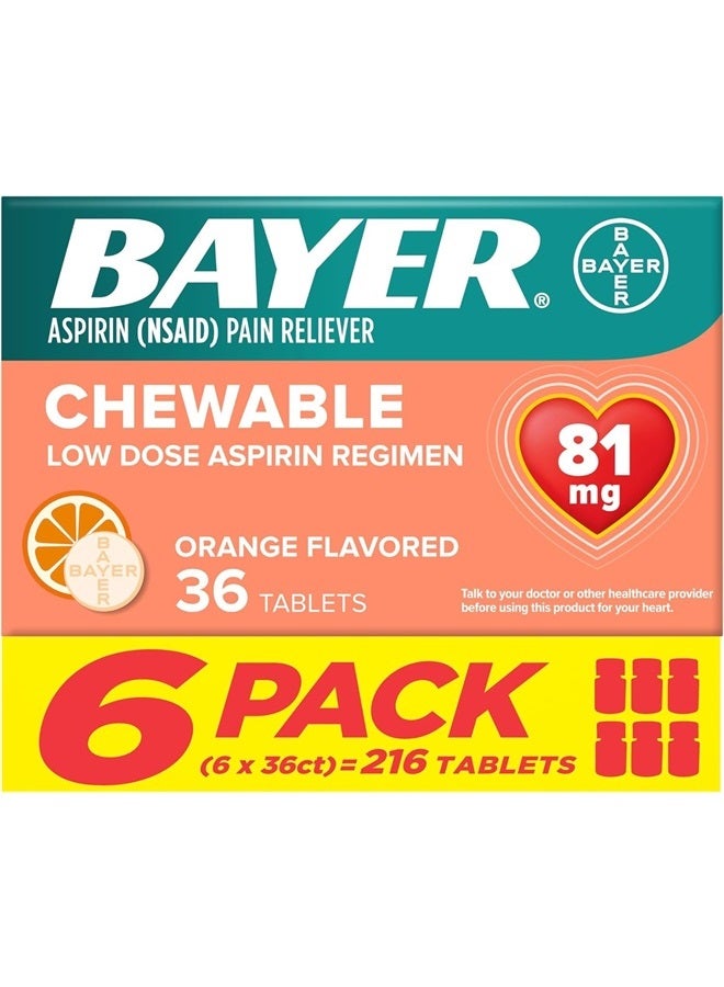 BAYER Aspirin Low Dose 81 mg Chewable Tablets, Pain Reliever, Orange Flavored, 216 Tablets (6 Pack) - Image 1