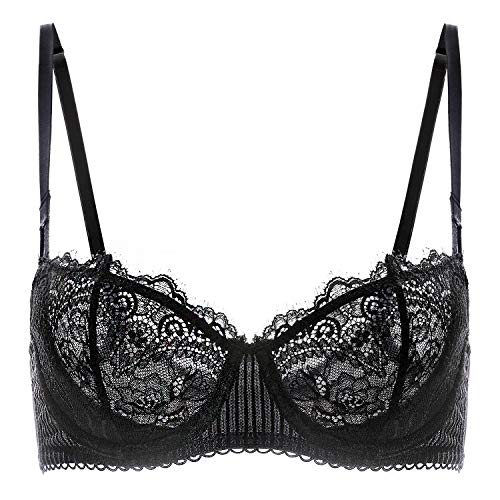 DOBREVA Women's Sexy Lace Push Up Plus Size Bra Sheer Balconette Underwire Unlined Black_Eyelash lace 36C - Image 1