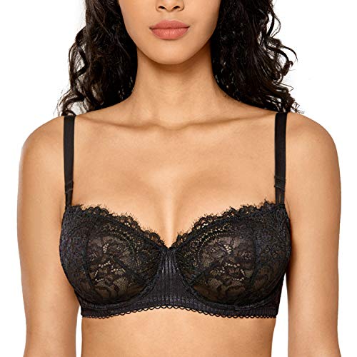 DOBREVA Women's Sexy Lace Push Up Plus Size Bra Sheer Balconette Underwire Unlined Black_Eyelash lace 36C - Image 3