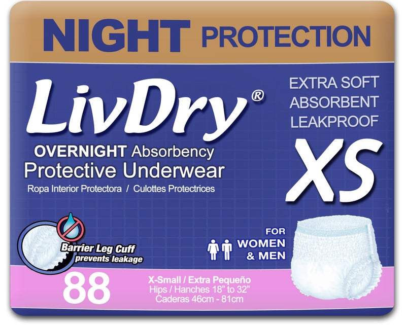 LivDry Adult XS Incontinence Underwear Overnight Comfort Absorbency Leak Protection XSmall 88Pack