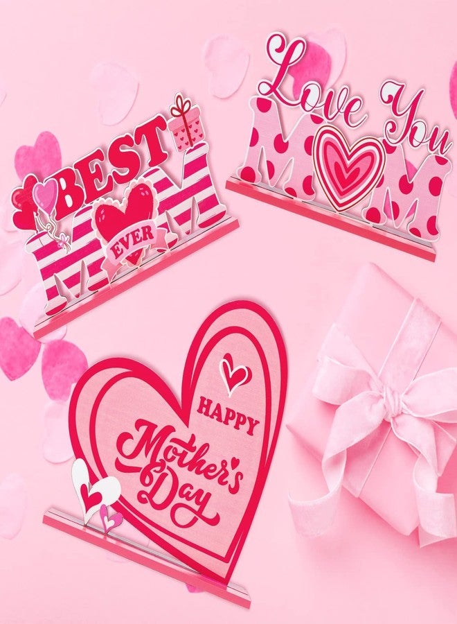 Haooryx Mother's Day Wooden Centerpieces - 3Pcs Wooden Table Centerpieces Decoration Happy Mother's Day Table Topper Sign Wood Craft Kit Center Piece Mom's Birthday Gift Mantel Shelf Dining Detachable - Image 3