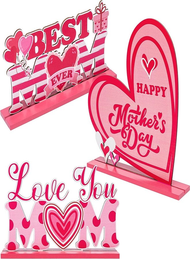 Haooryx Mother's Day Wooden Centerpieces - 3Pcs Wooden Table Centerpieces Decoration Happy Mother's Day Table Topper Sign Wood Craft Kit Center Piece Mom's Birthday Gift Mantel Shelf Dining Detachable - Image 1