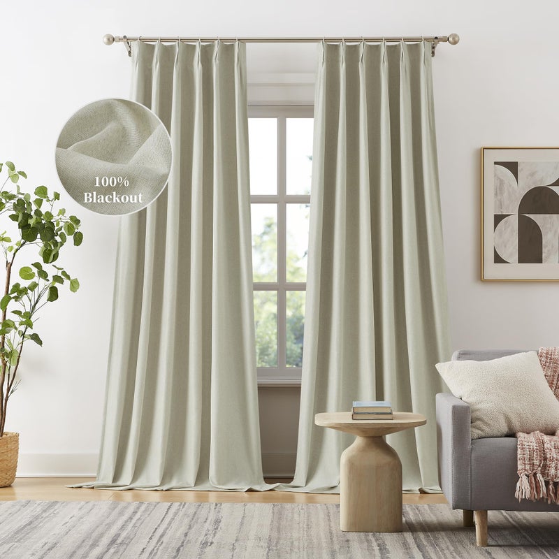DUALIFE Blackout Pinch Pleated Curtains for Bedroom 132 Inch Length  Linen Blended Farmhouse 100% Blackout Thermal Insulated Back Tab Drapes with Hooks for Track System 2 Panels-Natural Linen  W40xL132 - Image 1