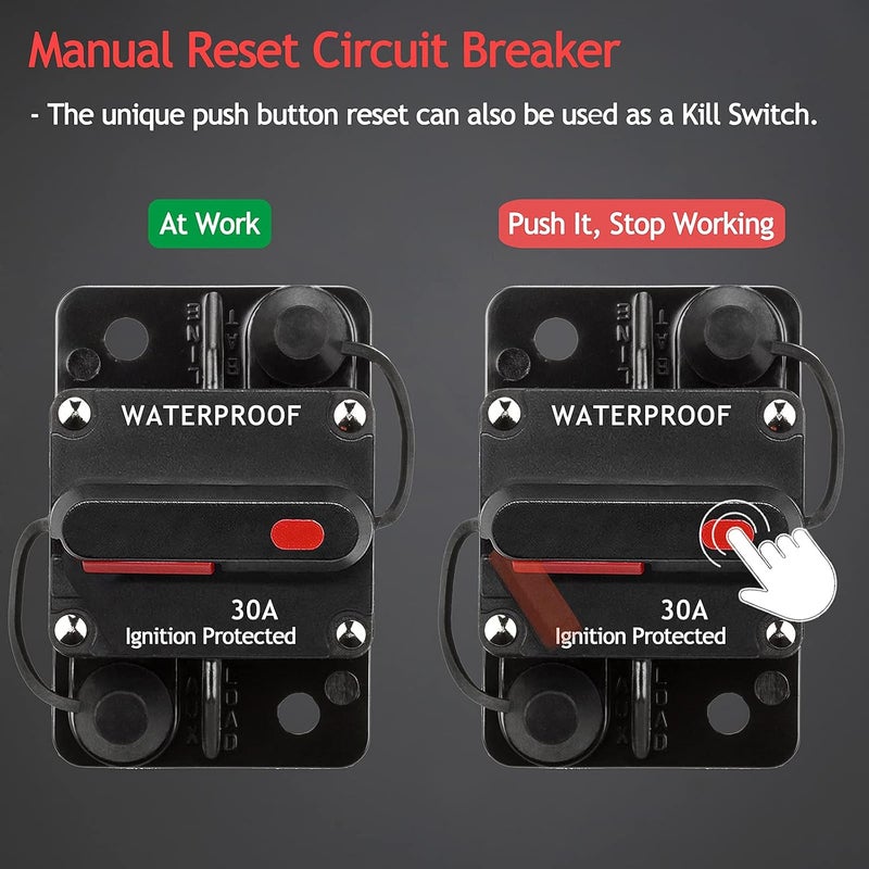 Hamolar 3 Pack 30 Amp Auto Car Stereo Audio Circuit Breaker Fuse 12-48VDC Manual Reset Button Switch Fuses, with Wire Lugs Copper Washer - Image 3