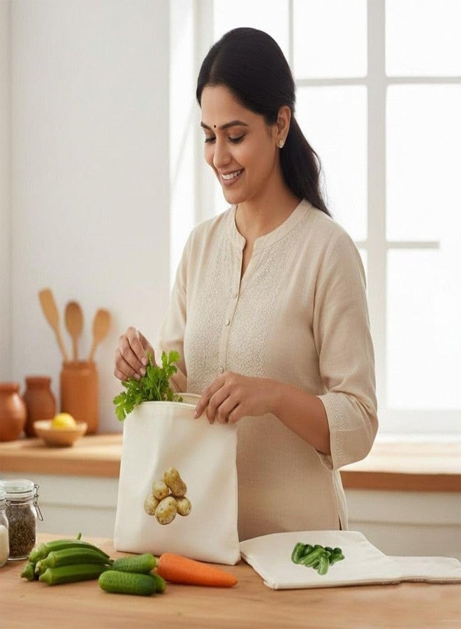 BIRZAR Potato Printed Cotton Bag|100% Cotton Reusable Vegetable Bags for Fridge | Eco-friendly Storage Bags for Kitchen Organizer | Washable Breathable Zipper Cloth Bags for Vegetables (6 pcs) - Image 2