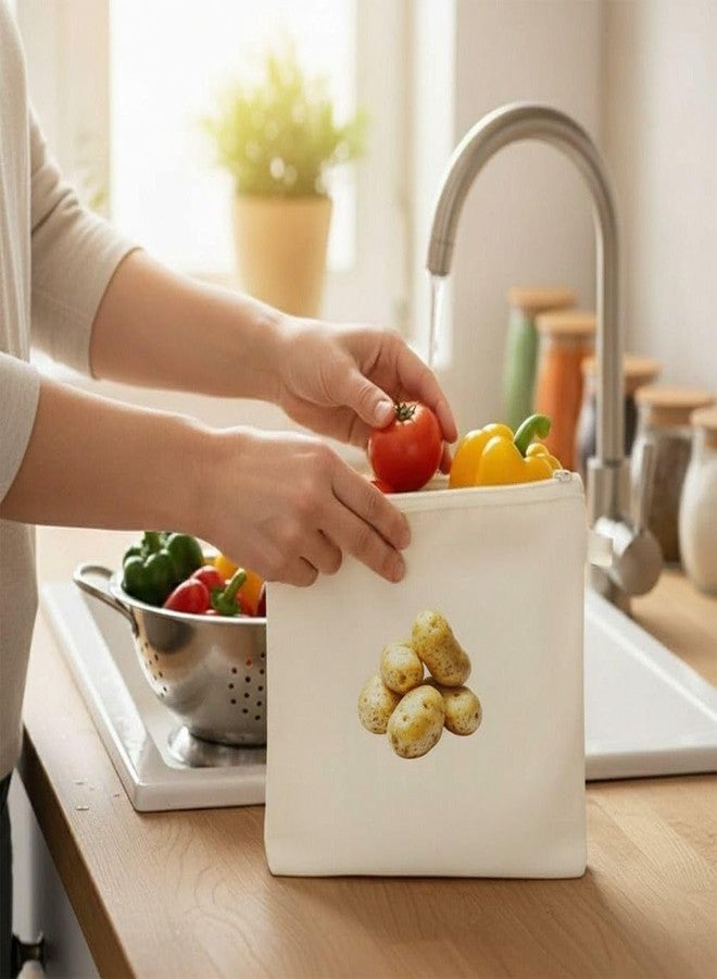 BIRZAR Potato Printed Cotton Bag|100% Cotton Reusable Vegetable Bags for Fridge | Eco-friendly Storage Bags for Kitchen Organizer | Washable Breathable Zipper Cloth Bags for Vegetables (6 pcs) - Image 3