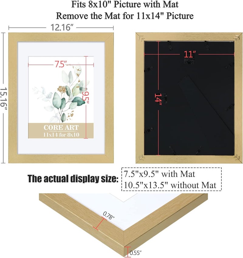 CORE ART 11x14 Gold Picture Frame Set of 4,Display Pictures 8x10 with Mat or 11 x 14 without Mat,Multi Photo Frames Collage for Wall or Tabletop Display - Image 2