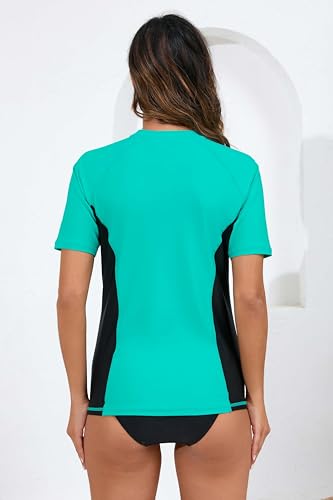Halcurt Women's Short Sleeve Rash Guard Swimsuit Top with Built in Bra Swim Shirt UPF50+ Quick Dry Bathing Suit Turquoise Black M - Image 2