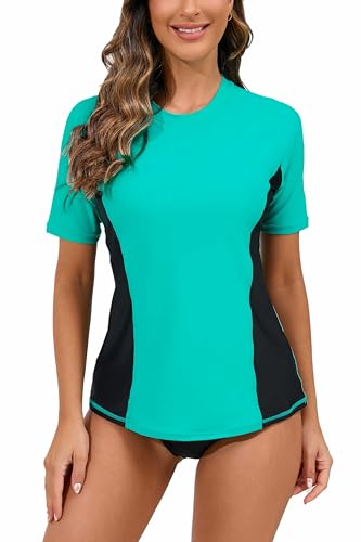 Halcurt Women's Short Sleeve Rash Guard Swimsuit Top with Built in Bra Swim Shirt UPF50+ Quick Dry Bathing Suit Turquoise Black M - Image 1