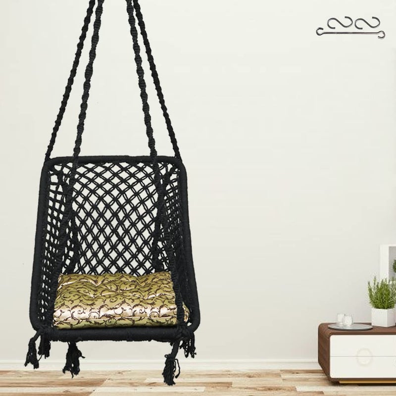 Patiofy Rectangle Shape Swing Chair with Back SupportCotton Swing for Adults KidsWooden Swing for Balcony Home Garden IndoorHammock Hanging Swingincludes Golden Floral Square CushionBlack - Image 1