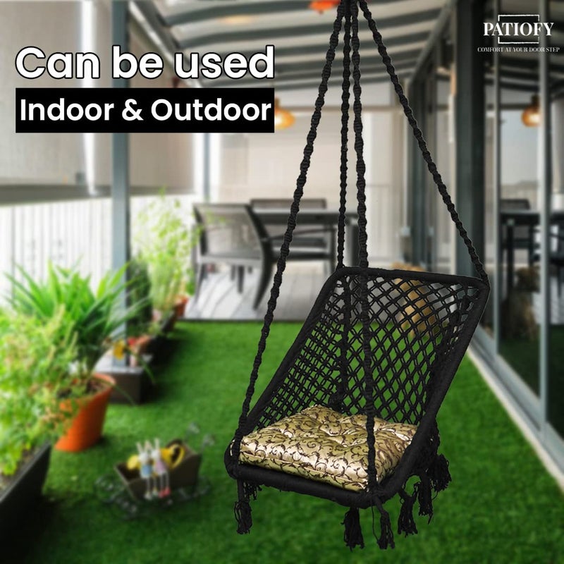 Patiofy Rectangle Shape Swing Chair with Back SupportCotton Swing for Adults KidsWooden Swing for Balcony Home Garden IndoorHammock Hanging Swingincludes Golden Floral Square CushionBlack - Image 3