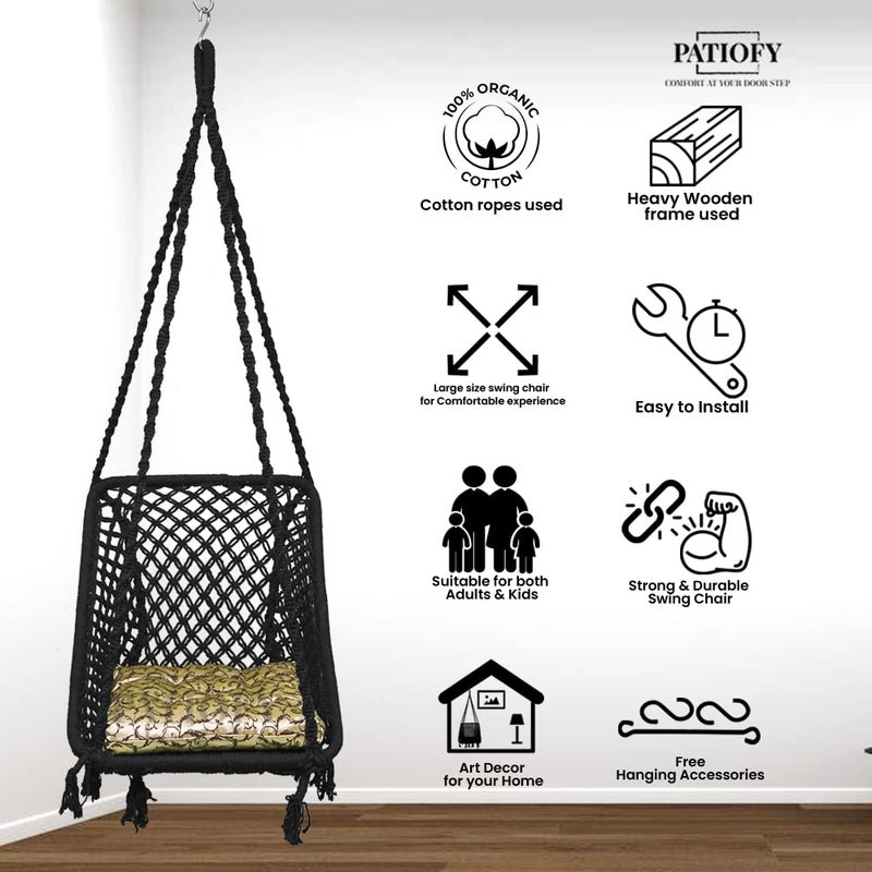 Patiofy Rectangle Shape Swing Chair with Back SupportCotton Swing for Adults KidsWooden Swing for Balcony Home Garden IndoorHammock Hanging Swingincludes Golden Floral Square CushionBlack - Image 5
