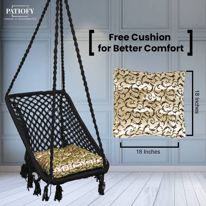 Patiofy Rectangle Shape Swing Chair with Back SupportCotton Swing for Adults KidsWooden Swing for Balcony Home Garden IndoorHammock Hanging Swingincludes Golden Floral Square CushionBlack - Image 2