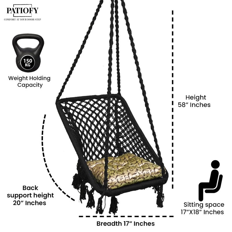Patiofy Rectangle Shape Swing Chair with Back SupportCotton Swing for Adults KidsWooden Swing for Balcony Home Garden IndoorHammock Hanging Swingincludes Golden Floral Square CushionBlack - Image 4