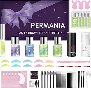 PERMANIA مجموعة PERMANIA لرفع الرموش وصبغها مجموعة لتثبيت الحواجب وصبغها تحتوي على الأدوات اللازمة التأثير يدوم حتى 6 أسابيع مناسبة للمبتدئين للاستخدام في المنزل أسود 10 مل - Image 1