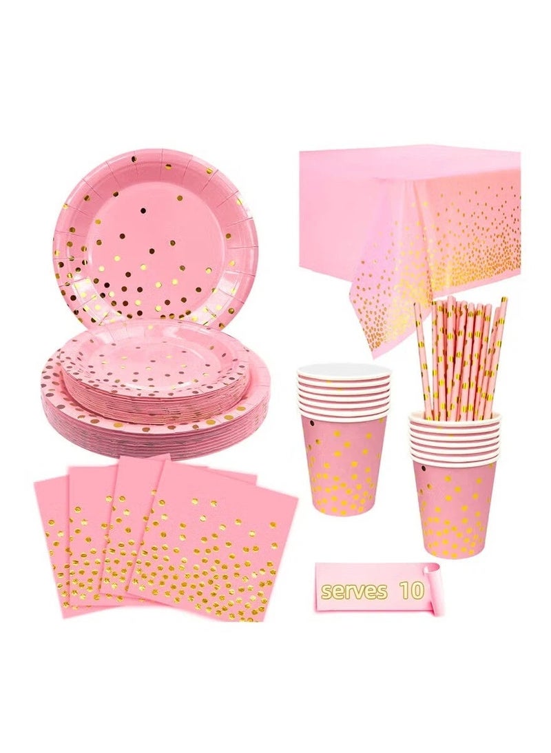 أدوات مائدة للحفلات الوردية للاستخدام مرة واحدة لـ 10 ضيفًا، مجموعة أدوات مائدة عيد ميلاد وردية وذهبية، زينة حفلات منقطة للتخرج وأعياد الميلاد والعطلات وحفلات الزفاف - Image 1