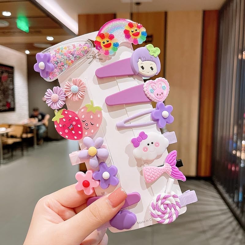 Samyak 14 Pcs Kids Hair Clips Set Cartoon Icecream Cute & Trendy Baby Girls Toddlers Hair Pins Barrettes, Combo of 14 Pcs, Random Colors (Purple) - Image 3