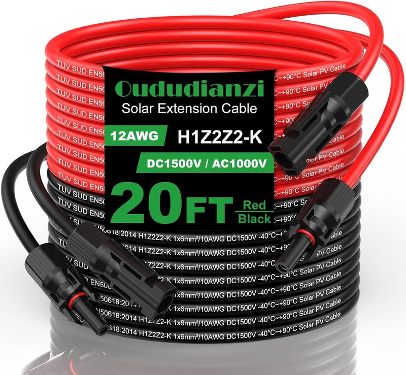 Oududianzi Solar Extension Cable 20Ft, Solar Wire 12AWG, Tinned Cooper PV Wire, Solar Panel Wires and Connectors for Photovoltaic Systems, Set of 2 - Image 1