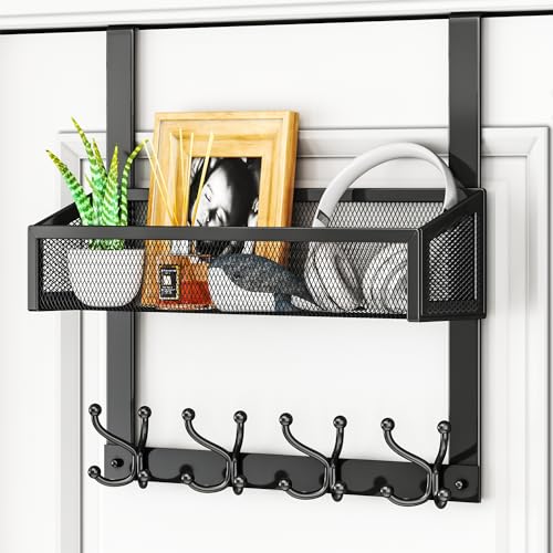HapiRm Over The Door Hooks - Easy Installation Door Hanger with Basket and 16 Hooks, 304 Stainless Steel Storage Organizer for Towels, Coats, Bathroom, Kitchen, Dorm - Black - Image 1