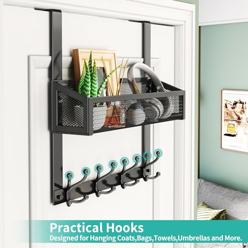 HapiRm Over The Door Hooks - Easy Installation Door Hanger with Basket and 16 Hooks, 304 Stainless Steel Storage Organizer for Towels, Coats, Bathroom, Kitchen, Dorm - Black - Image 4
