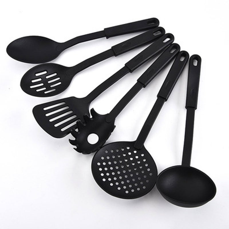 PRAPTITREND PRAPTITREND Nylon Kitchen Tool Set of 6Pcs Black Spoons for Non Stick Cookware Spatula Turner Ladle Spaghetti Server Slotted Solid SpoonME096  - Image 1